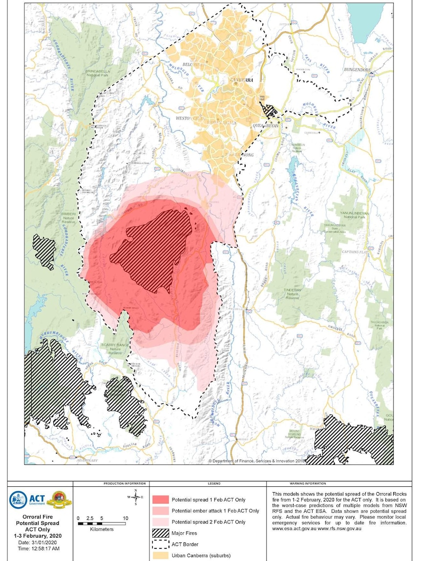 A large red area of potential fire spread can be seen south of Canberra, with a lighter area of red spreading into south suburbs