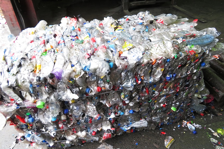 Recycled plastics, bundled for transport at SKM materials recovery facility, Derwent Park.