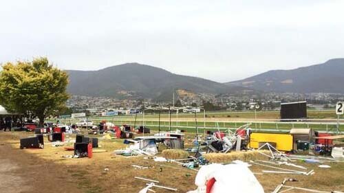 Damage in the field of the Elwick Racecourse after strong winds blasted the Hobart Cup.