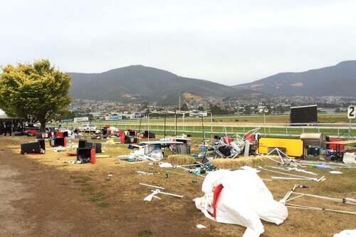 Damage in the field of the Elwick Racecourse after strong winds blasted the Hobart Cup.