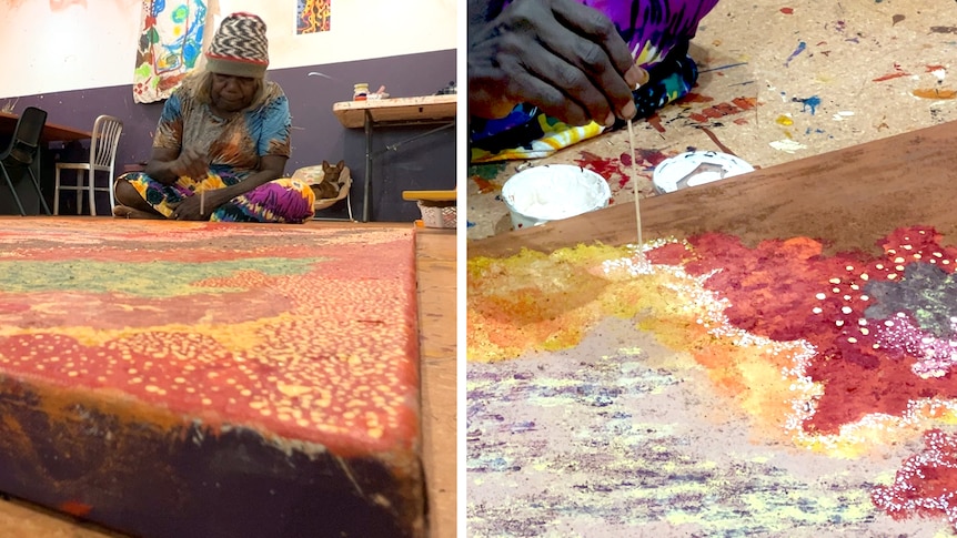 Two photos of an Indigenous woman painting. 
