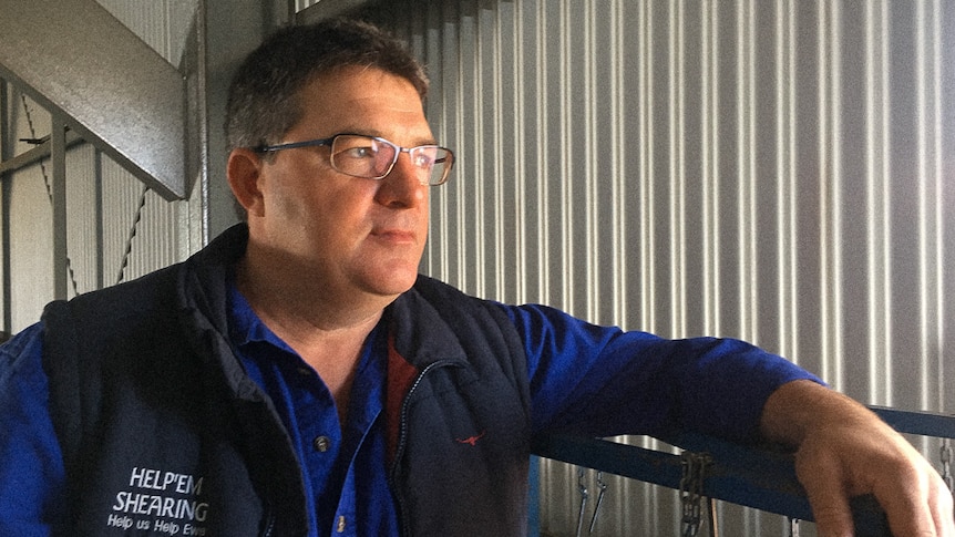 Shearing contractor Hilton Barrett stands in his new state of the art shed at Dubbo