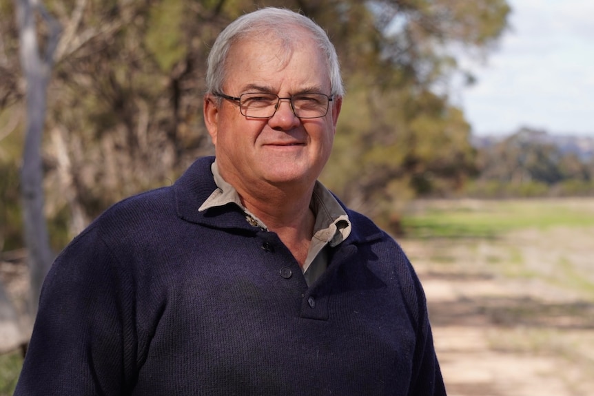 A close up of a slightly smiling balding man wearing a blue jumper and glasses, stands outside, trees in background.