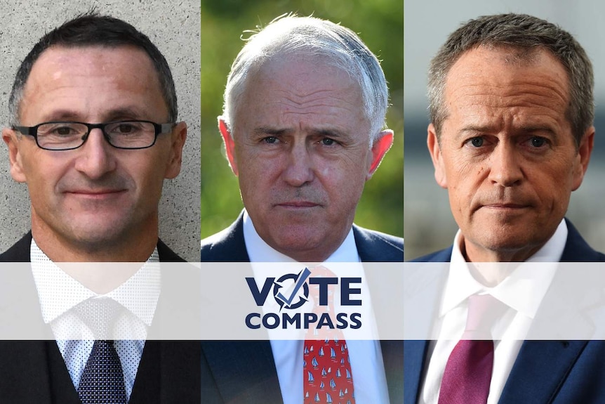 A composite image shows Greens leader Richard Di Natale, Prime Minister Malcolm Turnbull and ALP leader Bill Shorten.