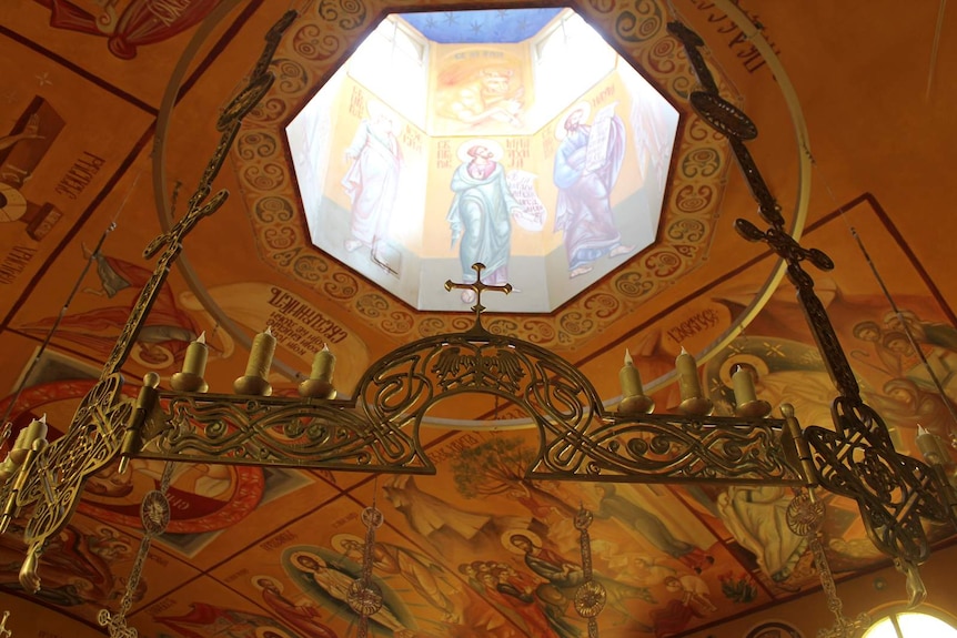 Frescos cover the ceiling of the St John the Baptist Serbian Orthodox Church.