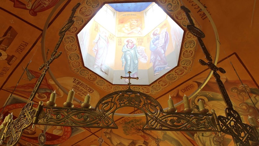 Frescos cover the ceiling of the St John the Baptist Serbian Orthodox Church.