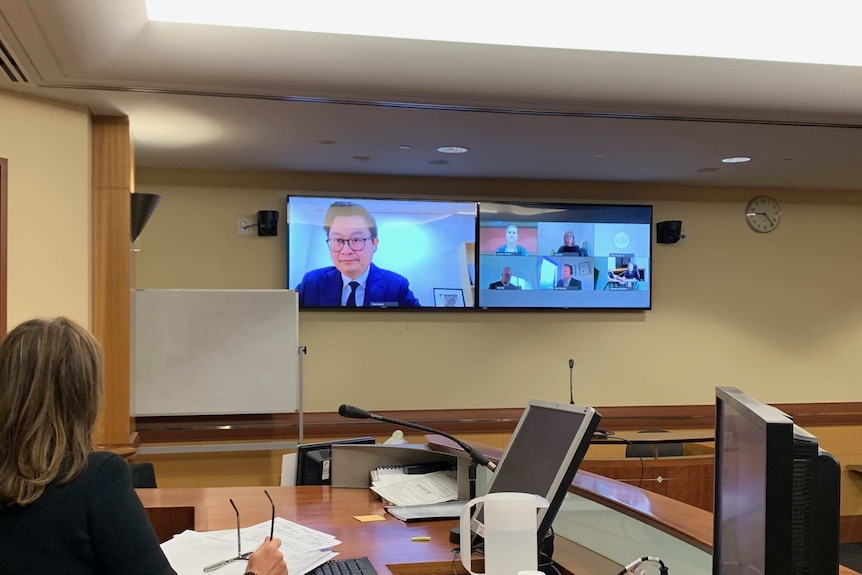 A woman sits behind a magistrate's bench facing two screens on the wall showing more people.