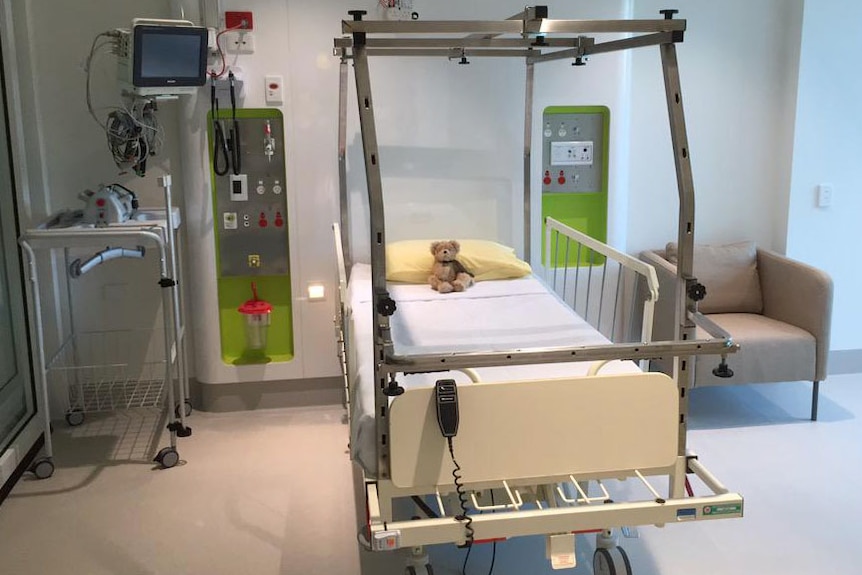 A bed inside a single-patient room at the new Perth Children's Hospital.