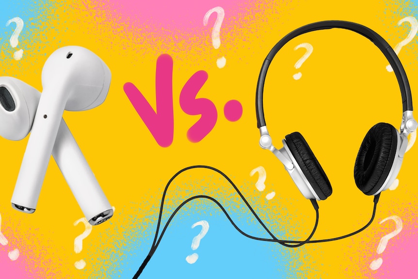 Image showing wireless earbuds and wired headphones against colourful graphic background with "vs" written between them