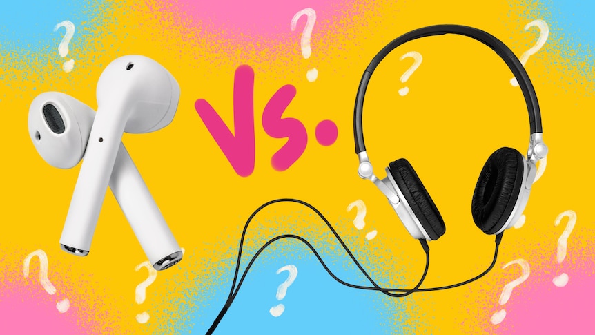 Image showing wireless earbuds and wired headphones against colourful graphic background with "vs" written between them