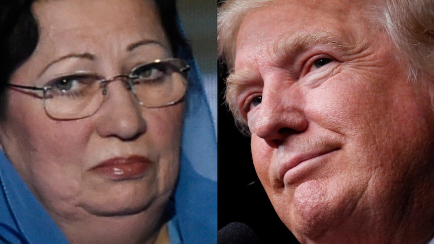 Close up images of Ghazala Khan and Donald Trump.