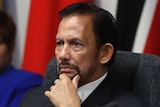 Brunei's sultan looks stern and holds his chin.