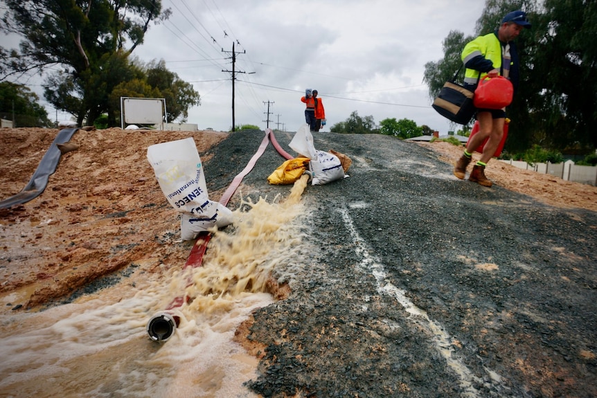 Crews pumping stormwater over Echuca's levee in the rain.