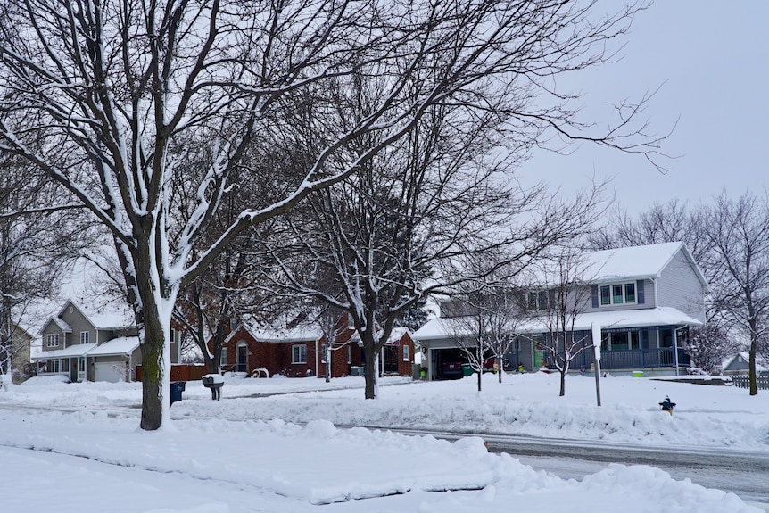 Snow covers the roofs of homes and the ground in a residential street.