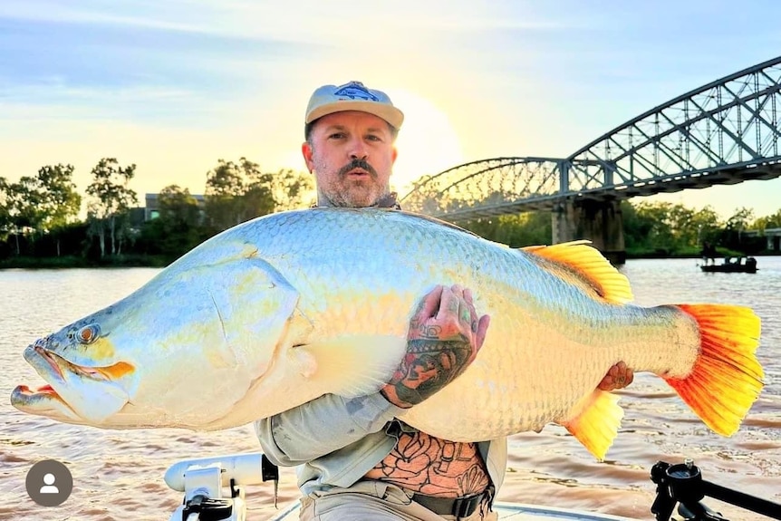 A fisherman standing on a boat with a bridge in the background holding a big barramundi fish.