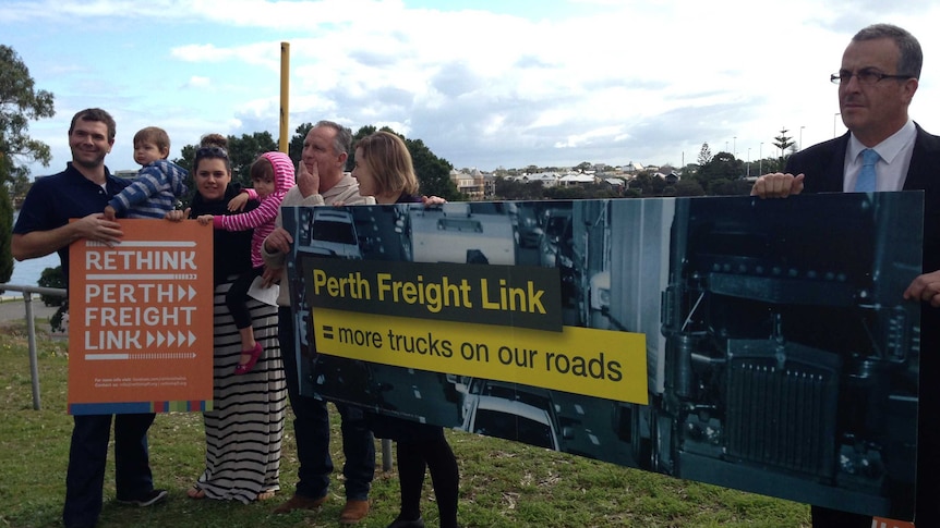 Jim O’Neill, Simone McGurk, John Hammond and Laura and Chris Omodei standing near the Canning Highway intersection with Stirling Street Bridge