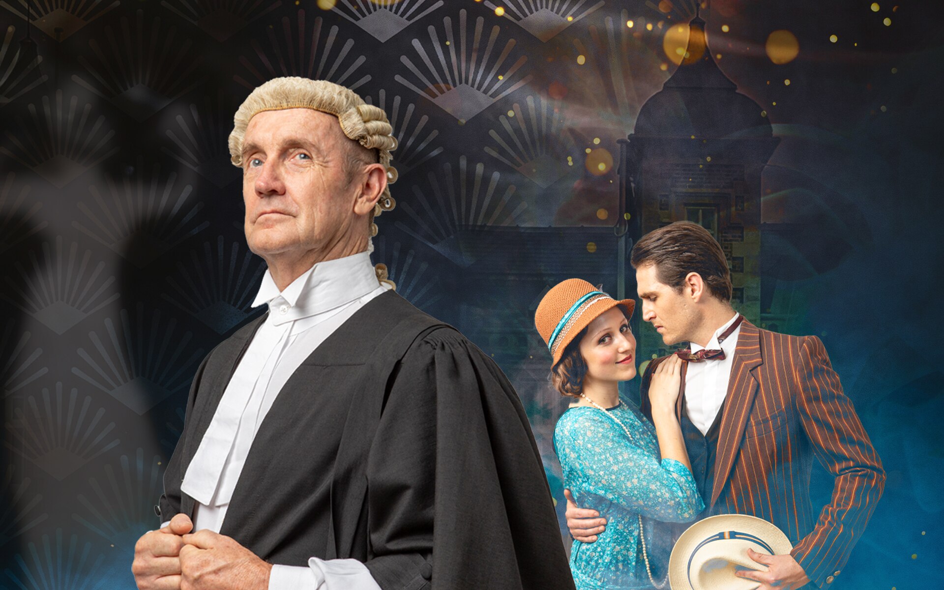 Composite image showing man in barrister's wig and gown and young couple in 1920s dress embracing