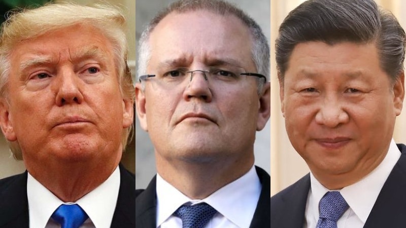 A composite image of Donald Trump, Scott Morrison and Xi Jinping.