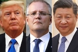 A composite image of Donald Trump, Scott Morrison and Xi Jinping.