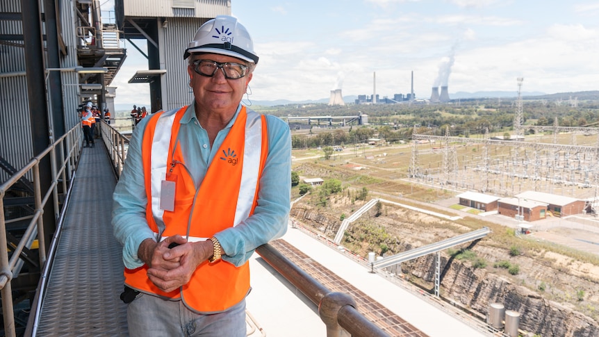 A man in a safety vest and hard hat smiles from a platform above a power station.