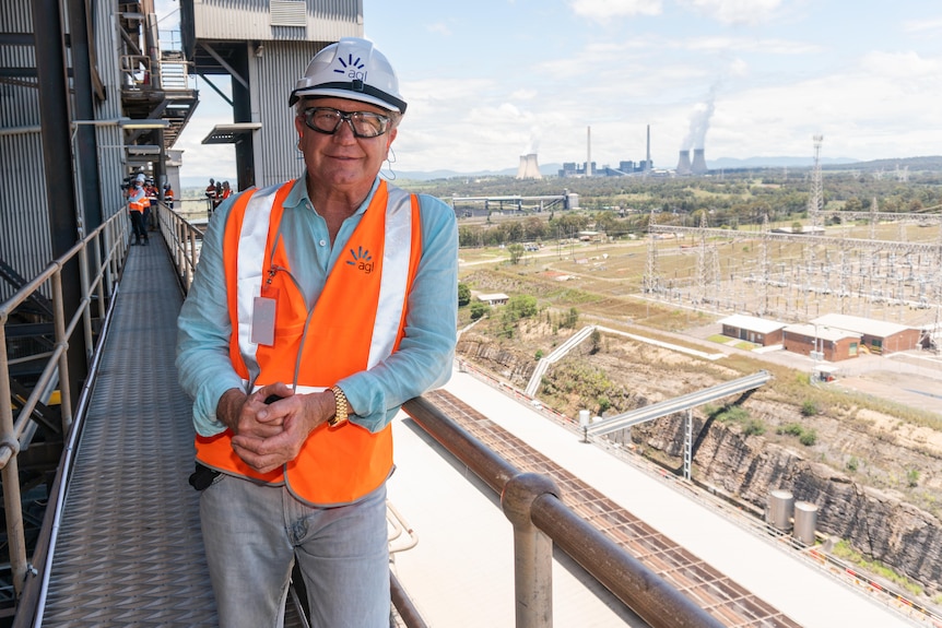 A man in a safety vest and hard hat smiles from a platform above a power station