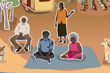A cartoon image of people sitting down in a remote community.