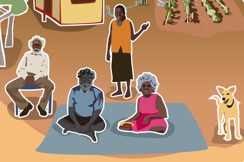 A cartoon image of people sitting down in a remote community.