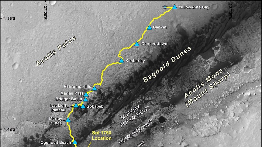 A map showing the path Curiosity has taken on Mars marking 11 landmarks on the way.