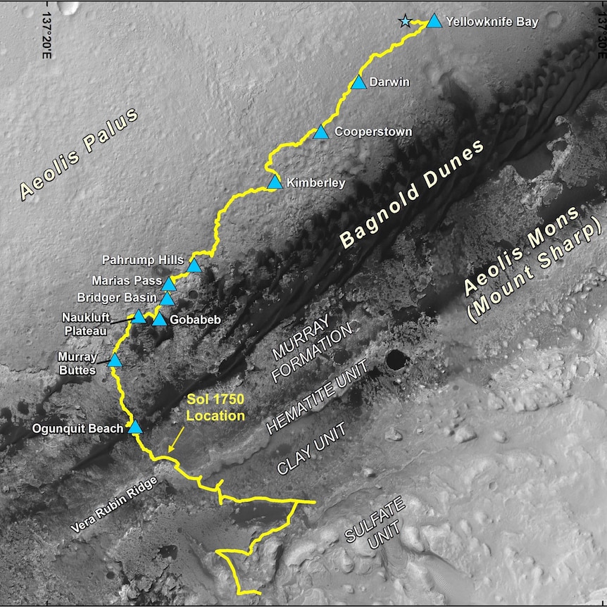 A map showing the path Curiosity has taken on Mars marking 11 landmarks on the way.