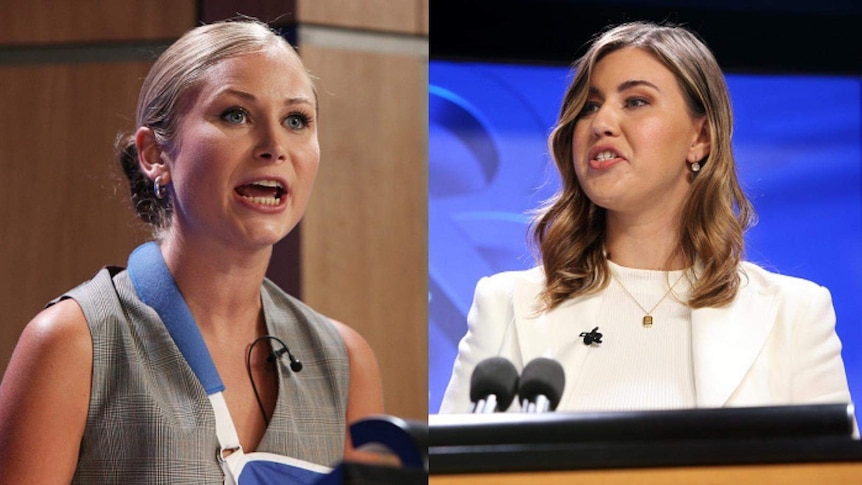 A composite of two women speaking into a microphone