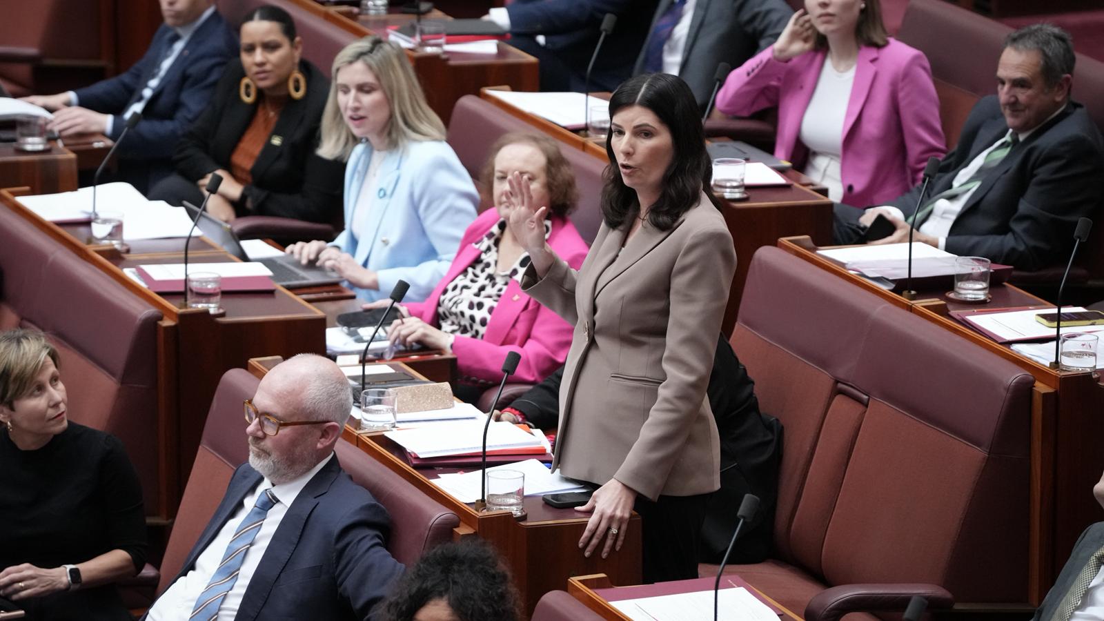 Marielle Smith stands up in senate question time.
