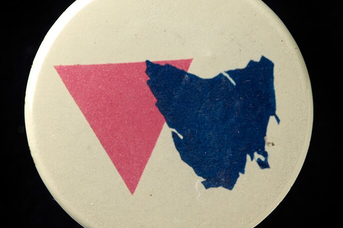 Rodney Croome's gay rights badge from the 1980s.