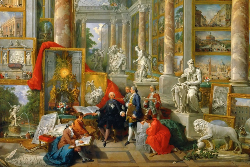 A colourful painting depicts a group of men in a large museum, surrounded by portraits of Rome and ancient statues.