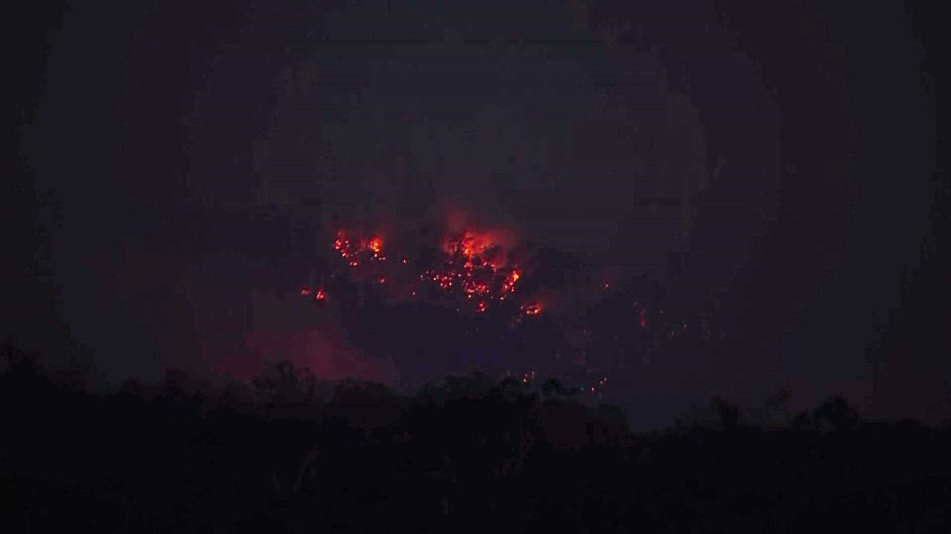 Flames are visible in the dark as a bushfire burns.