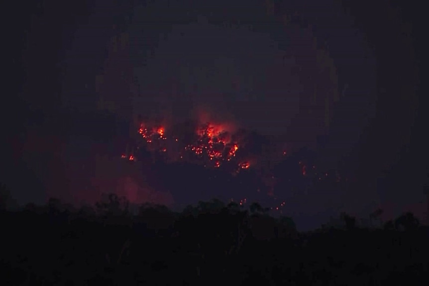 Flames are visible in the dark as a bushfire burns.