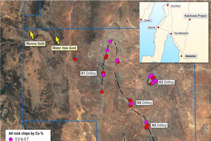 Location of prospects at Ketchowla Project with significant Cobalt rock chip samples.