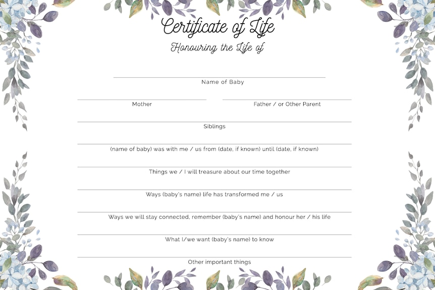 A blank 'certificate of life' with spaces to fill names, parents, siblings, vital dates, memories and feelings.
