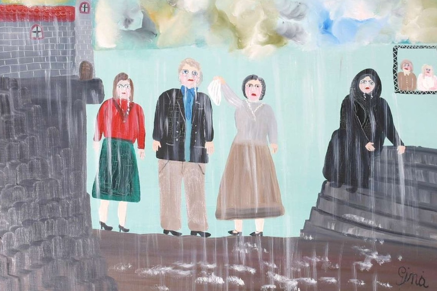 A painting with four people standing in the rain, with one woman waving a white handkerchief.