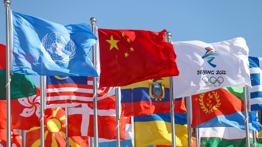 Flags flutter at Beijing Winter Olympic Village ahead of the Beijing 2022 Winter Olympics