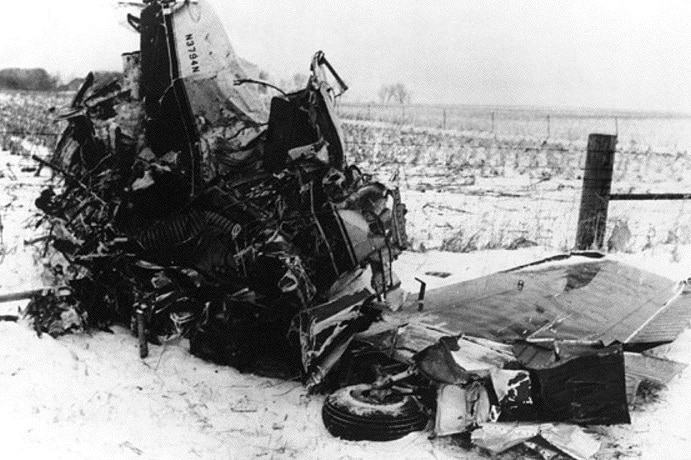 Wreckage of the plane crash in a snowy field
