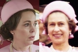 A composite image of actress Olivia Colman in a pink outfit similar to the Queen, who is on the right.