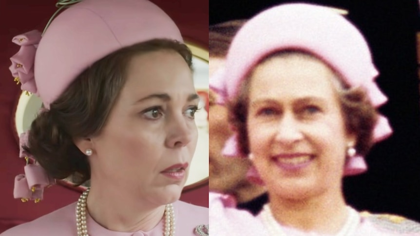 A composite image of actress Olivia Colman in a pink outfit similar to the Queen, who is on the right.