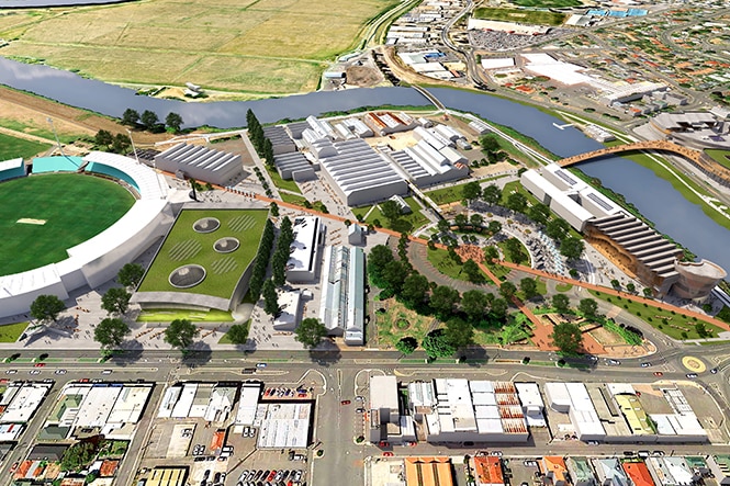 Simulated aerial view of a university campus at Inveresk, in northern Tasmania.