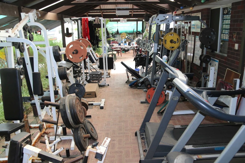 Gym equipment in a suburban backyard