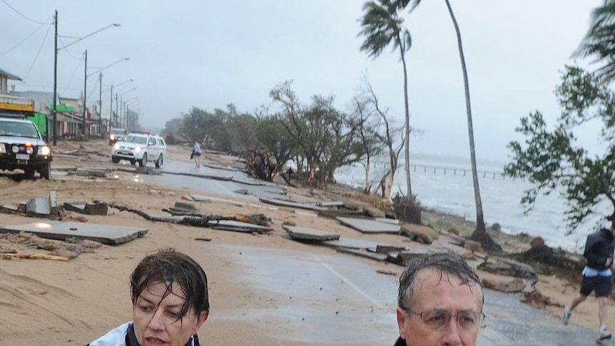 Ms Bligh and Federal Treasurer Wayne Swan (right) tour cyclone-devastated Cardwell.