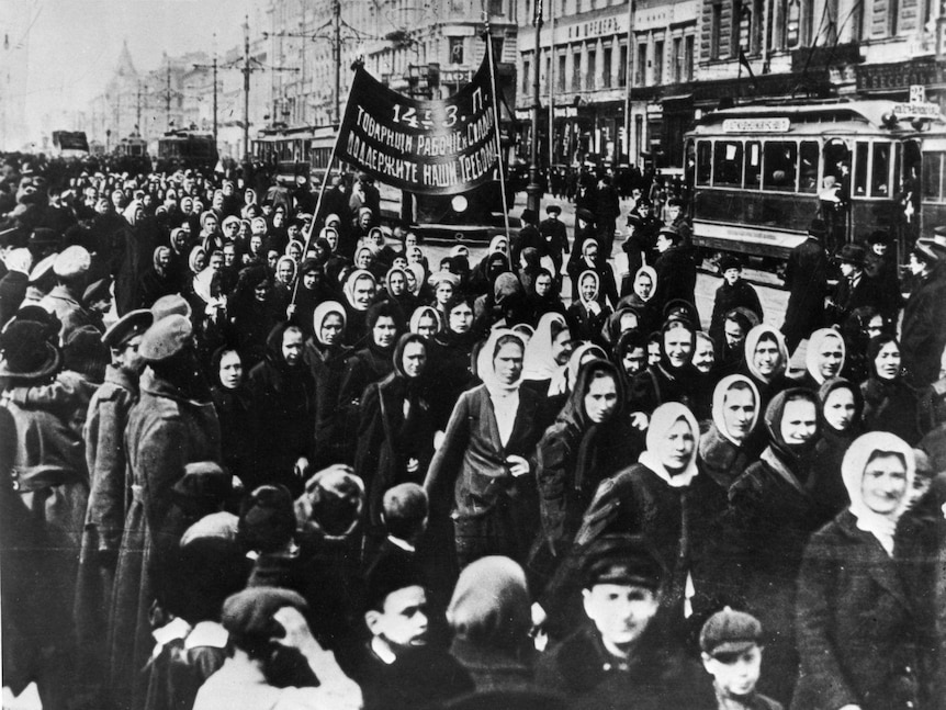 Women marching on International Women's Day in Petrograd (St Petersburg), Russia, 1917.