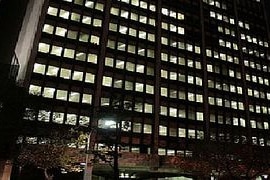 A large office building at night