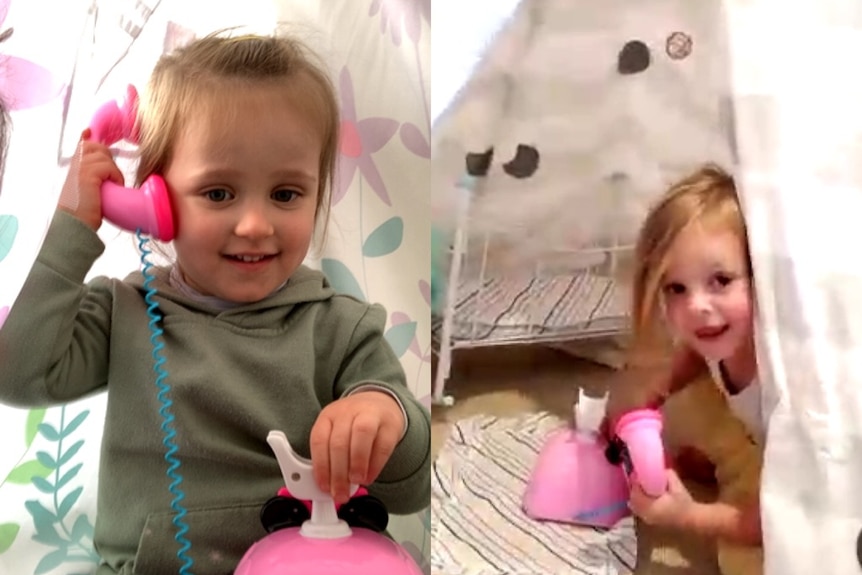 Two young girls play with pink phones over a video call.