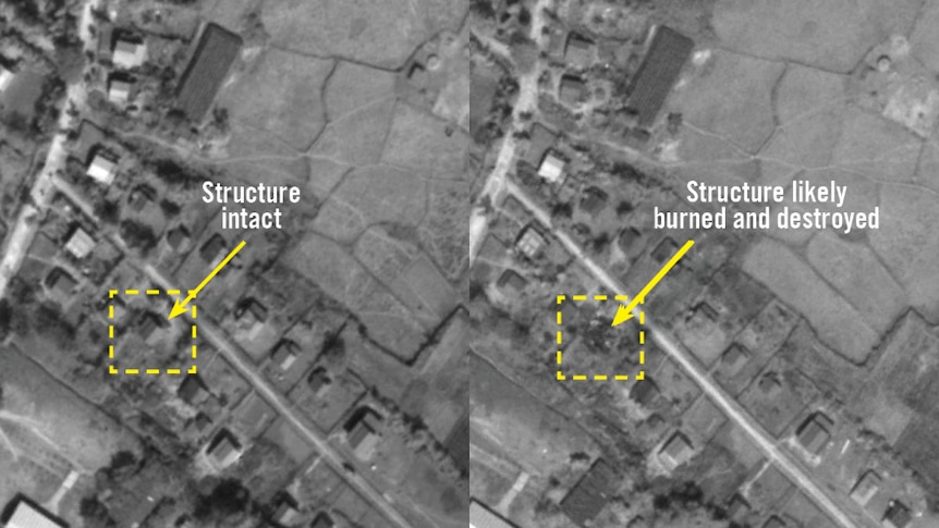 A satellite image shows a building intact and a second image shows the same building is destroyed.