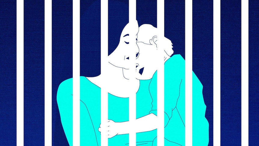 An illustration of a woman behind bars.